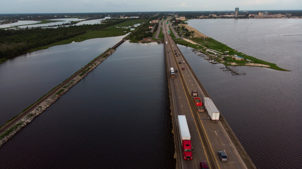 The Calcasieu River Bridge is shown in Lake Charles, Louisiana on July 14, 2021.