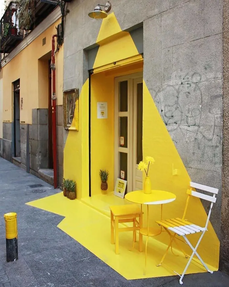 Restaurant entrance with yellow sign