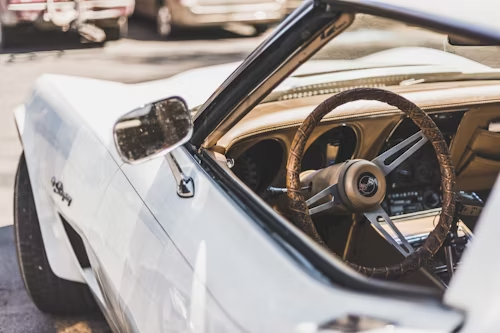 A white car and steering wheel