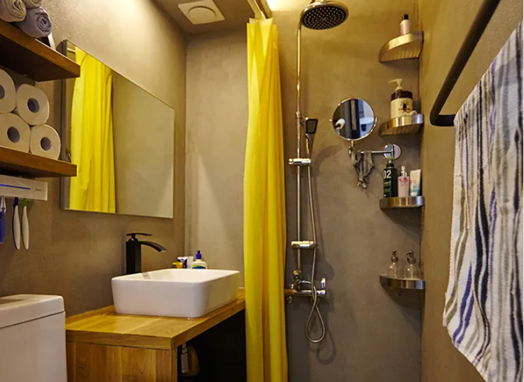 Shelves beside the shower