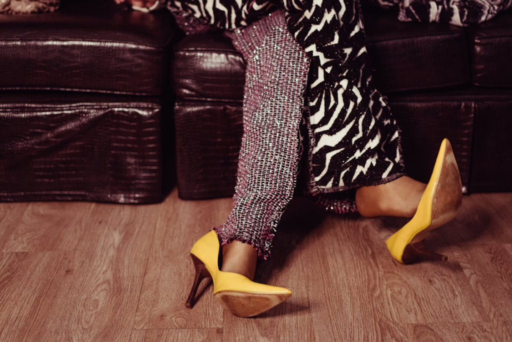 colorful pants and yellow high heels