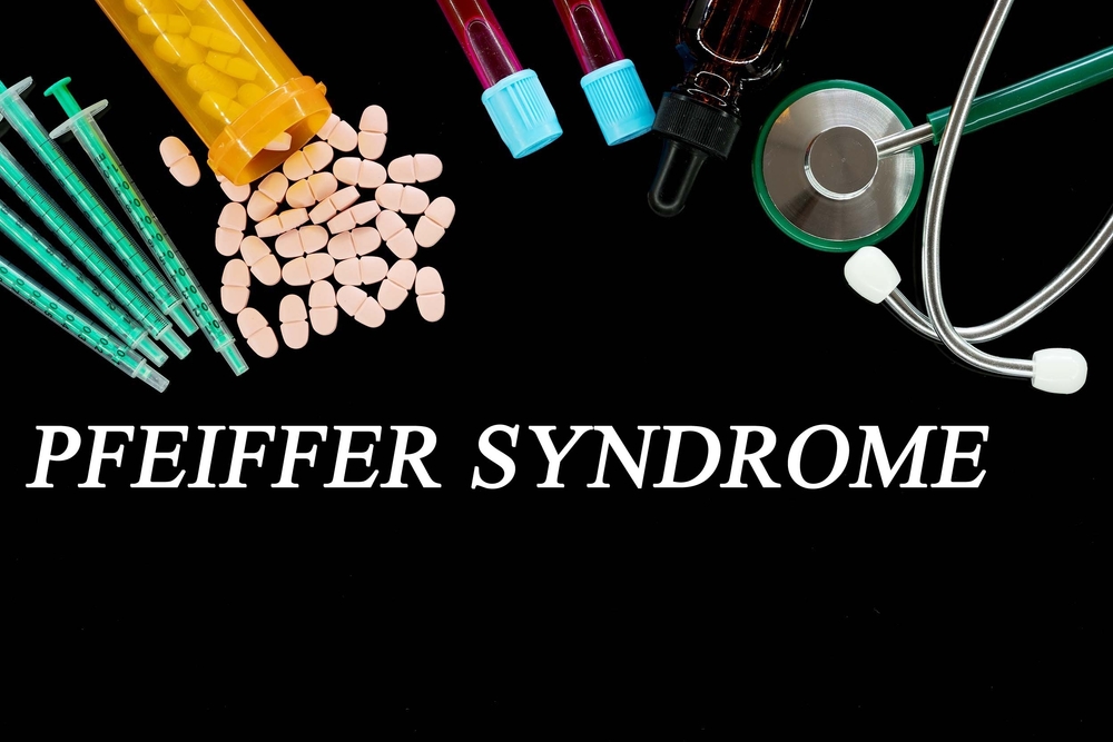 Pfeiffer Syndrome text on medical background with pills and syringes Concept of human disease
