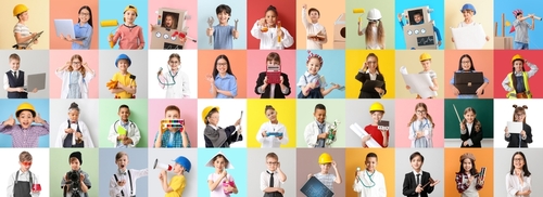 Collage of different children dreaming about their future professions on color background