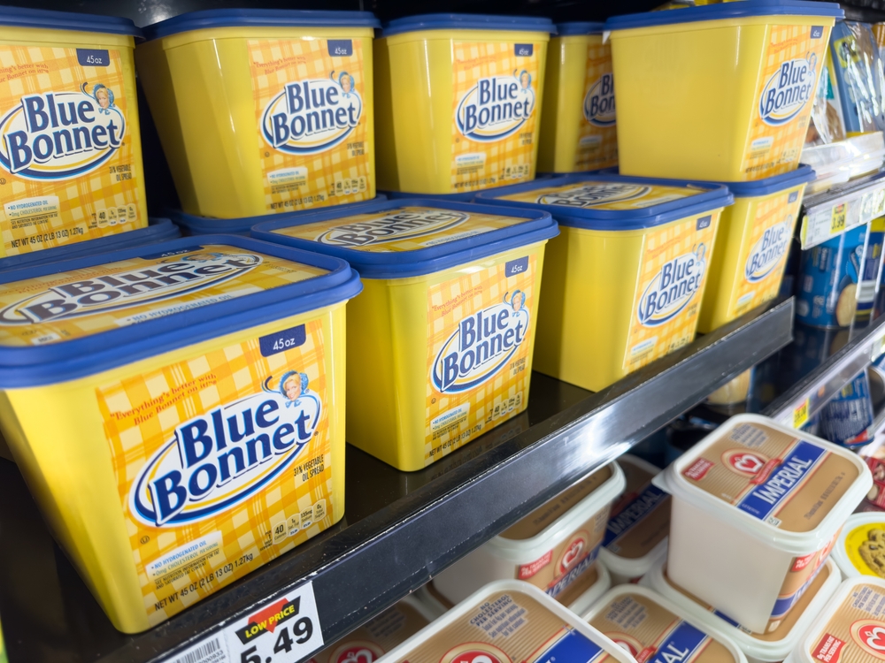 Los Angeles, California, United States - 02-01-2023: A view of several containers of Blue Bonnet margarine, on display at a local grocery store.