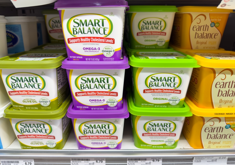 San Jose, CA - June 15, 2023: Tubs of Smart Balance buttery spread on a shelf of local supermarket.