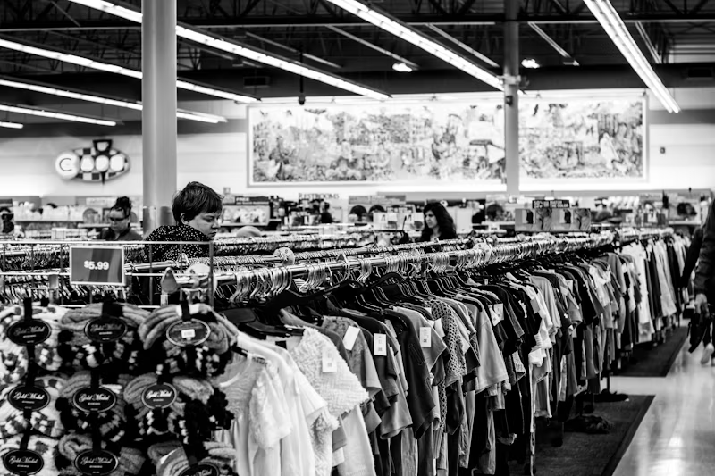 Black and white photo of Goodwill interior