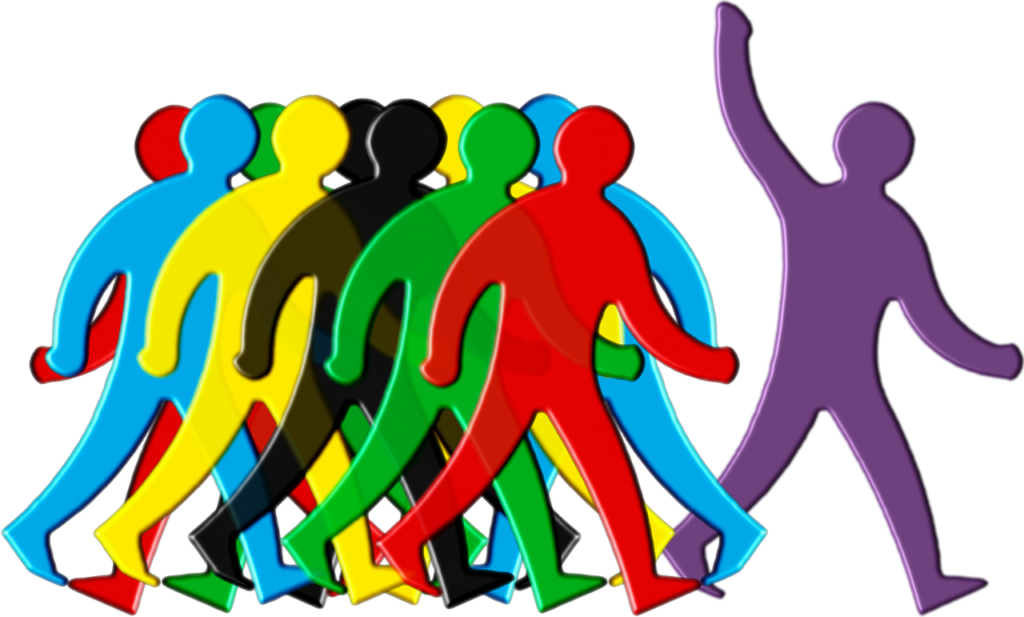 a group of colorful people following another