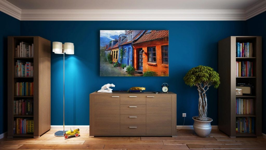 blue living room with table