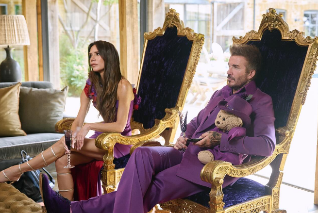 victoria and david beckham dressed in purple