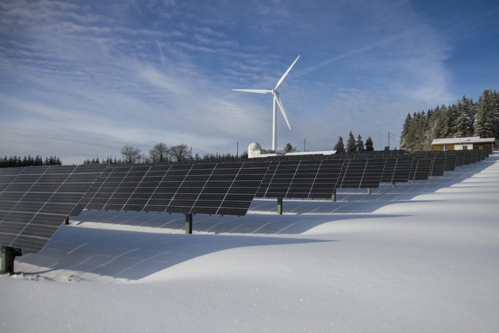 solar panels and electricity producing towers