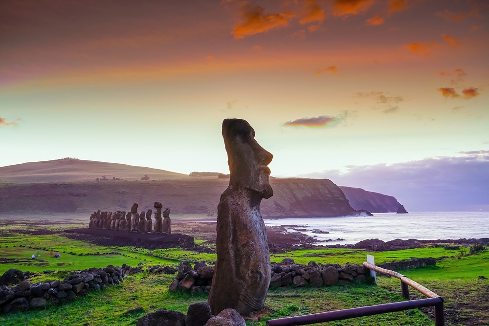 The ancient moai of Ahu Togariki, on Easter Island of Chile at sunrise