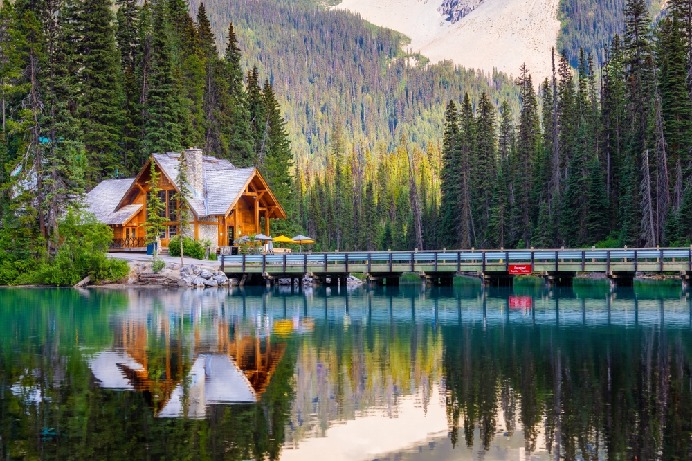 Emerald lake with beautiful reflections in the Canadian Rockies of Yoho National Park, British Columbia, Canada.