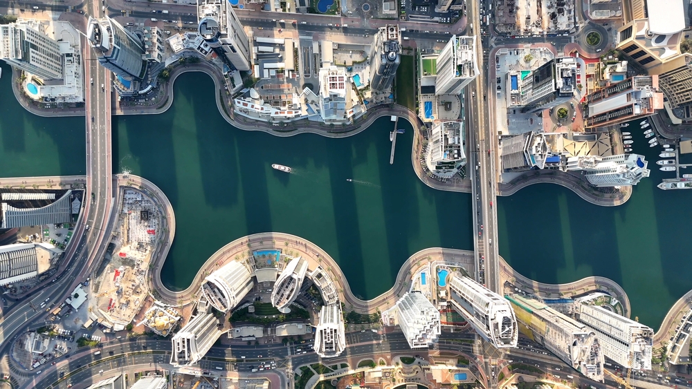 Dubai Marina, Dubai, United Arab Emirates - April 18 2024: Aerial view of Dubai Marina. Dubai Marina is an affluent residential neighborhood known for The Beach at JBR.