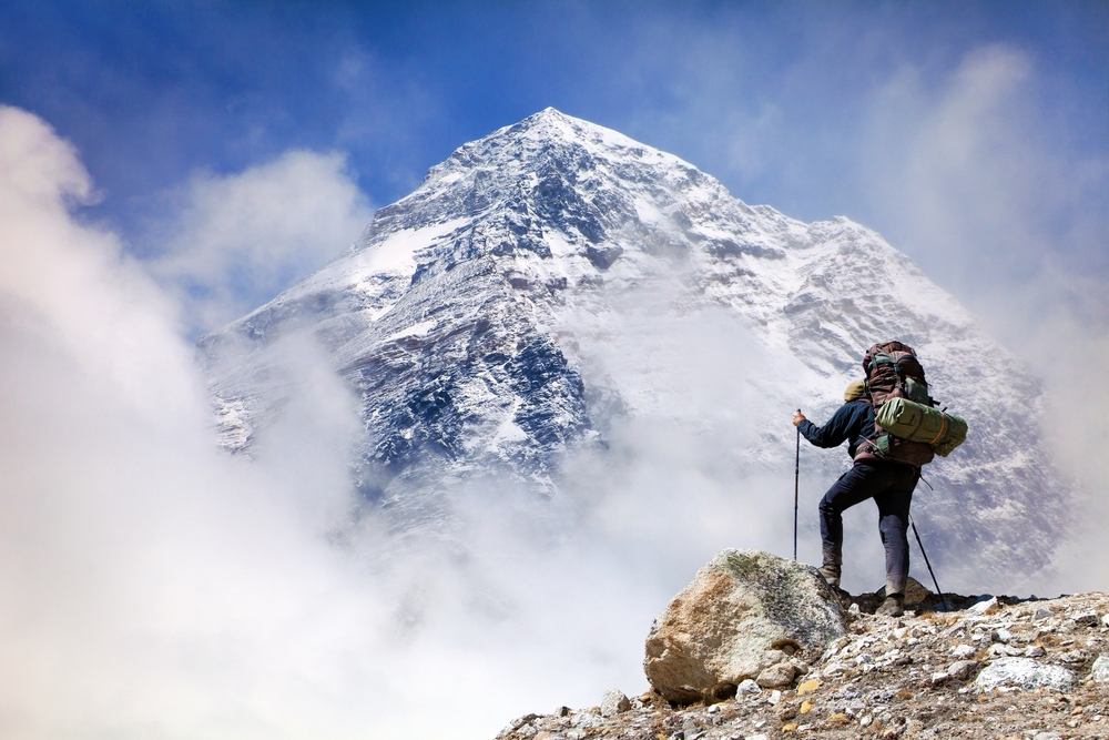 View of Mount Everest 8848m from Kala Patthar with tourist on the way to Everest base camp, Sagarmatha national park, Khumbu valley, Solukhumbu, Nepal Himalayas mountains