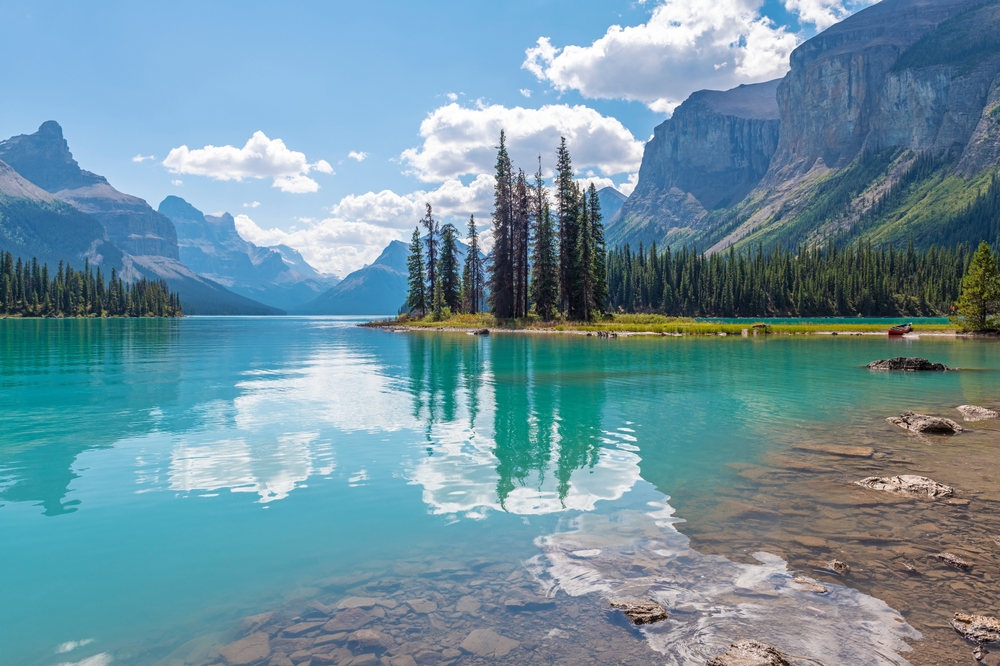 Spirit Island reflection and Maligne Lake, Jasper national park, Canada.