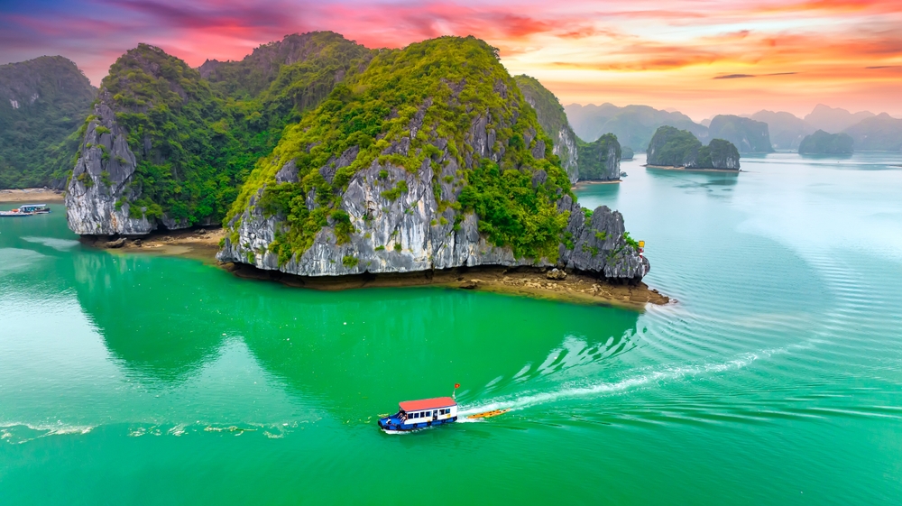 Beautiful landscape Lan Ha bay view from the Cat Ba Island. Lan Ha bay is the UNESCO World Heritage Site, it is a beautiful natural wonder in northern Vietnam