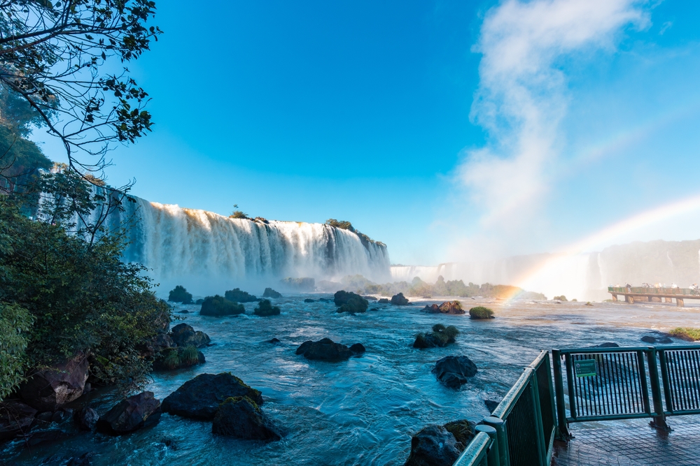View of the Iguazu Falls, border between Brazil and Argentina. The falls are one of the seven wonders of the world and are located in the Iguaçu National Park, a UNESCO World Heritage Site.