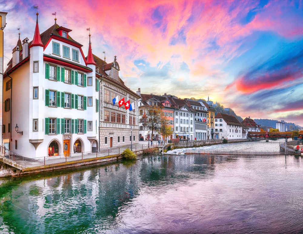 Fabulous historic city center of Lucerne with famous buildings and calm waters of Reuss river. Popular travel destination . Location: Lucerne, Canton of Lucerne, Switzerland, Europe