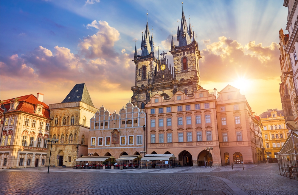 Prague, Czech Republic. Panoramic sunset view at Church of Our Lady Before Tyn the Old Town Square Praha city. Evening in prague, popular travel destination Europe.
