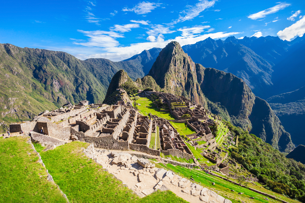 View of the Lost Incan City of Machu Picchu near Cusco, Peru. Machu Picchu is a Peruvian Historical Sanctuary and a UNESCO World Heritage Site. Machu Picchu is located in the Cusco Region in Peru.