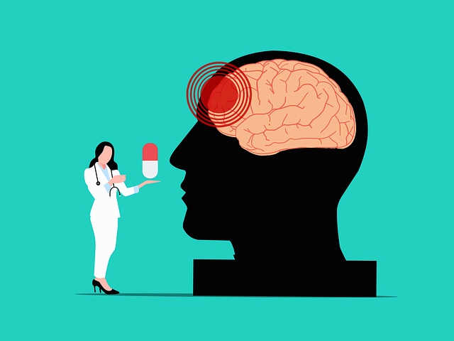 illustration of doctor holding pill with brain radiating red pain.