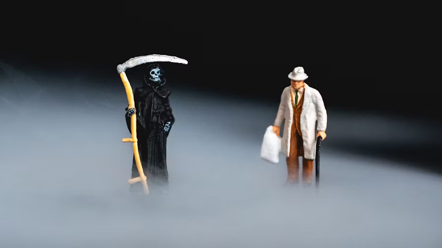 a man and grim reaper figuring in fog