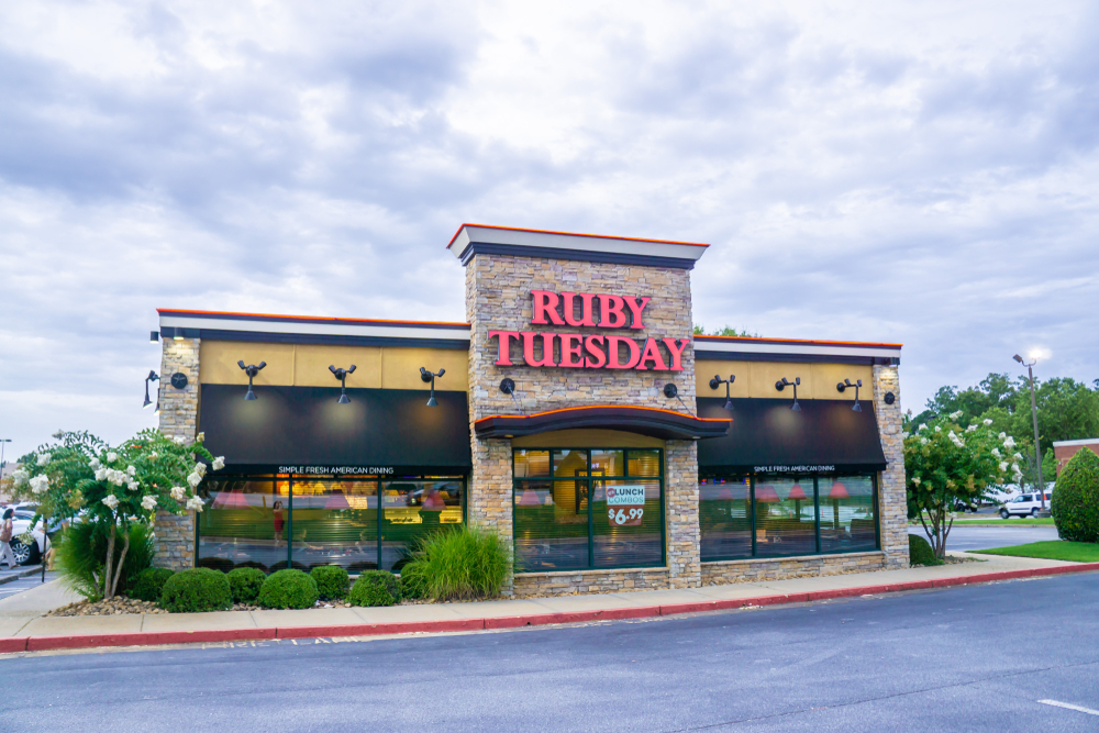 Loganville, GA - July 13th 2019: Ruby Tuesday store front sign - American franchise - location located in Georgia off of highway 78. Chain restaurant offers full all you can eat salad bar.
