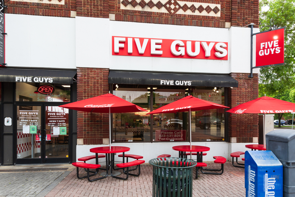 CHATTANOOGA, TN, USA-10 MAY 2021: Building exterior of Five Guys Burgers and Fries in downtown.
