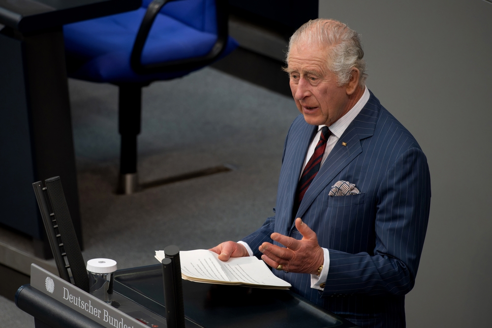 Berlin, Germany - March 30, 2023: close up portrait of King Charles III. during his speech at the Bundestag on occasion of the British State Visit - he makes an explaining gesture with his hand
