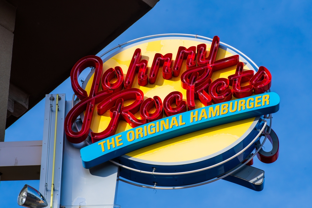 LEHI, UTAH - OCTOBER 29, 2024: Exterior view of Johnny Johnny Rockets logo sign on October 29, 2024 in Lehi, Utah, USA. Johnny Rockets is an American restaurant franchise headquartered Wilbraham, MA.
