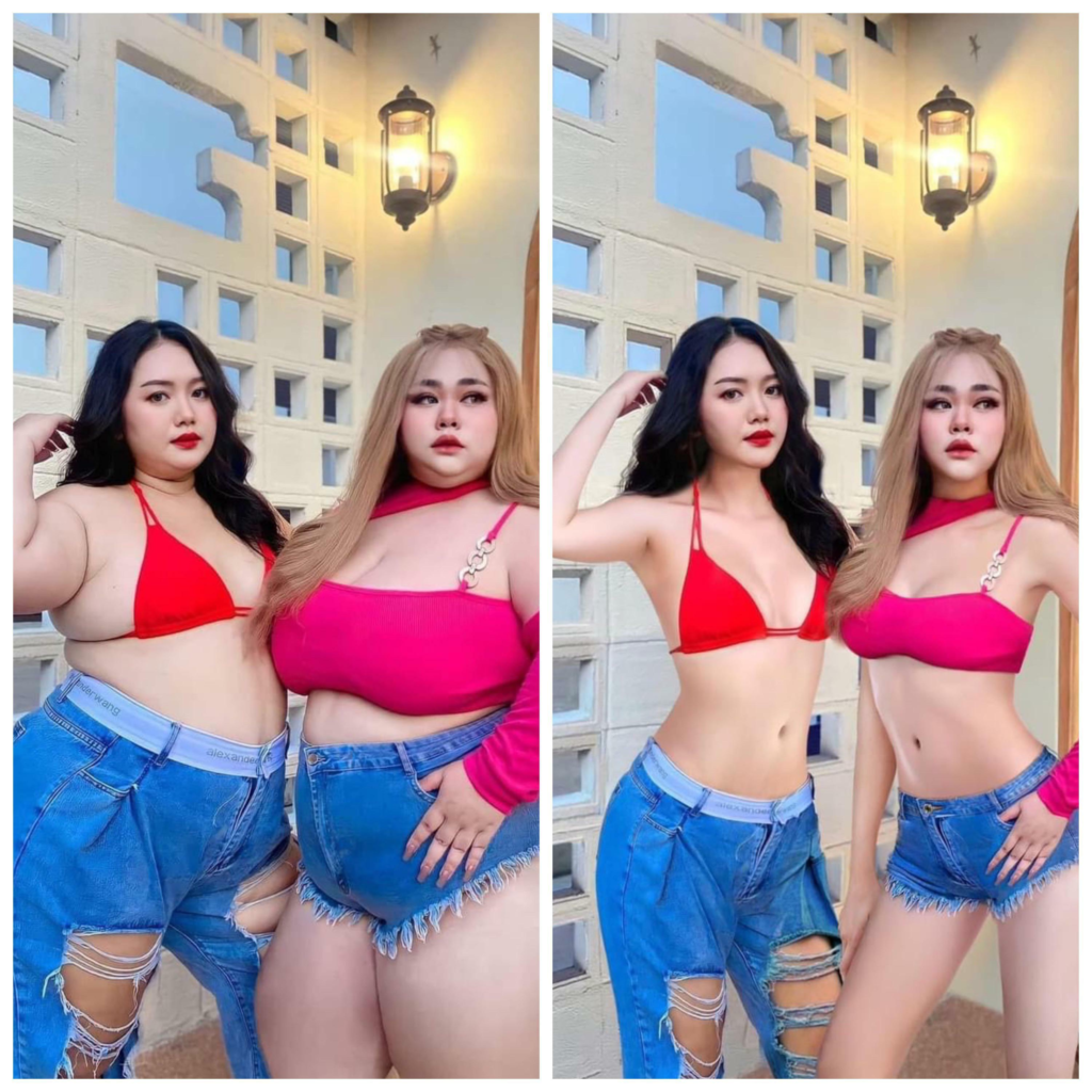 two people in a shared photo were drastically altered to look unnaturally slimmer