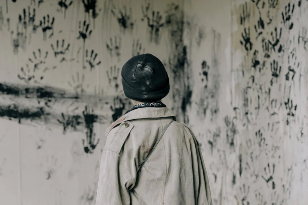 person staring at wall with black handprints