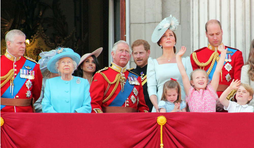 Meghan Markle Harry Queen Elizabeth, London uk - 962019: Meghan Markle king Charles, Prince Harry Andrew George William Kate Middleton Princess Charlotte Trooping the colour Buckingham Palace