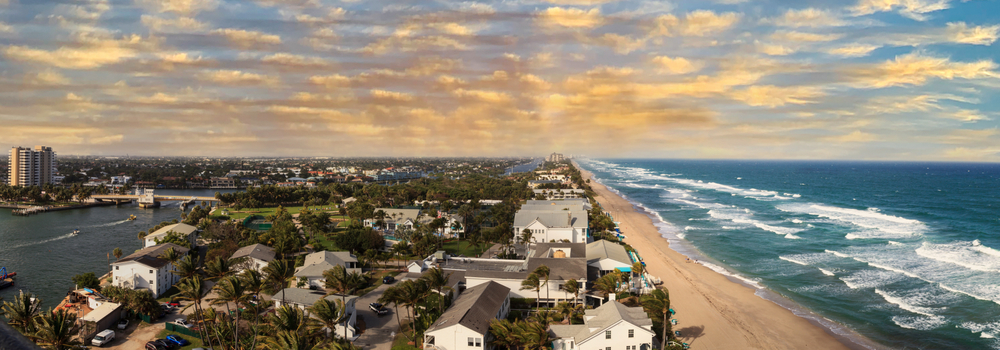 Sunset over Aerial view of Hillsboro Beach in Pompano Beach, Florida.