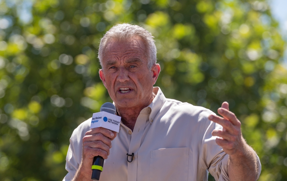Des Moines, Iowa, USA - August 12, 2023: Author and Democratic presidential candidate Robert F. Kennedy Jr. greets supporters at the Iowa State Fair political soapbox in Des Moines, Iowa.
