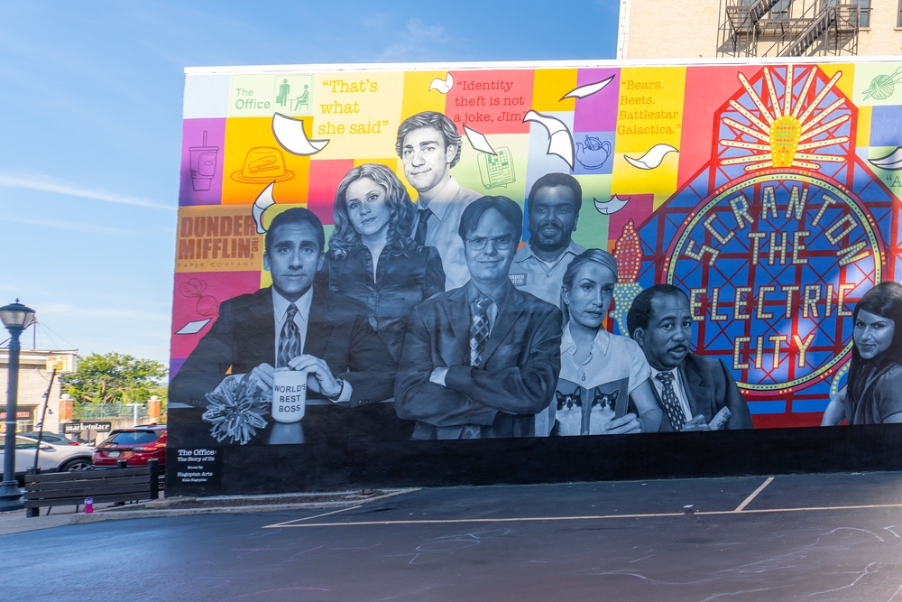Scranton, Pennsylvania -Jul 2, 2023: "The Office: The Story of Us," mural by Hagopian Arts and Kala Hagopian. Featuring realistic black-and-white portraits of cast members from the mockumentary.