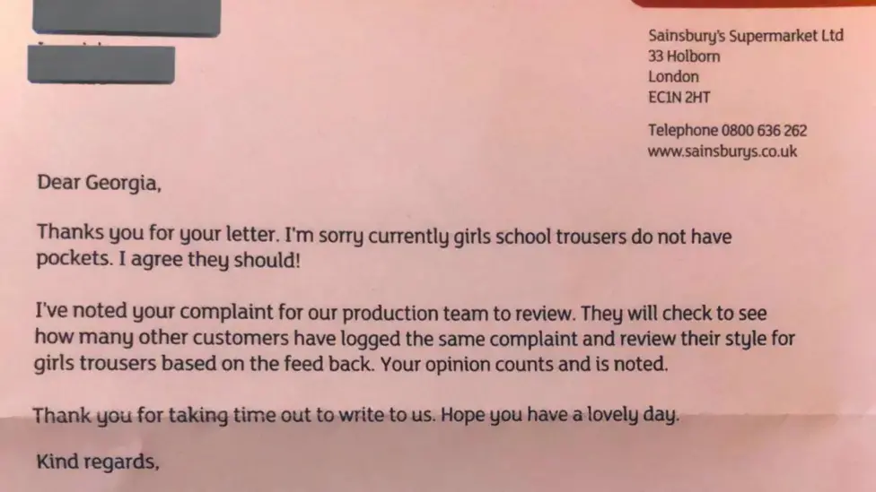 Sainsbury's replied to Georgia's letter