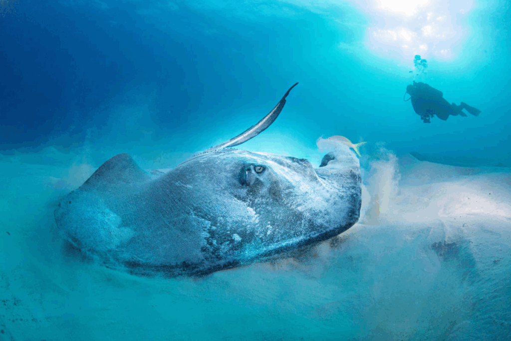 A sting ray rests on the sea bed as a diver passes by.