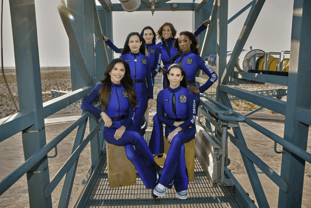 All-female Blue Origin launch crew.  Lauren Sánchez, Amanda Nguyen, Katy Perry, Gayle King, Aisha Bowe, and Kerianne Flynn. 