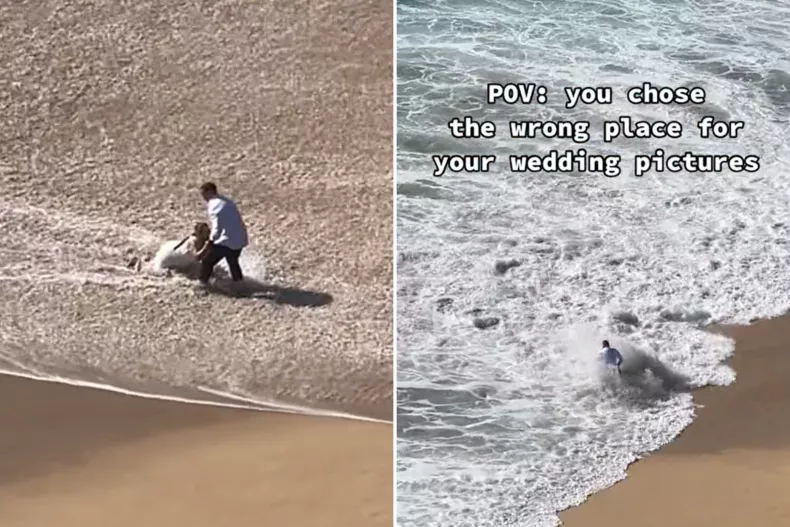 The bride and groom being taken out by the giant wave while they were having wedding photos taken.