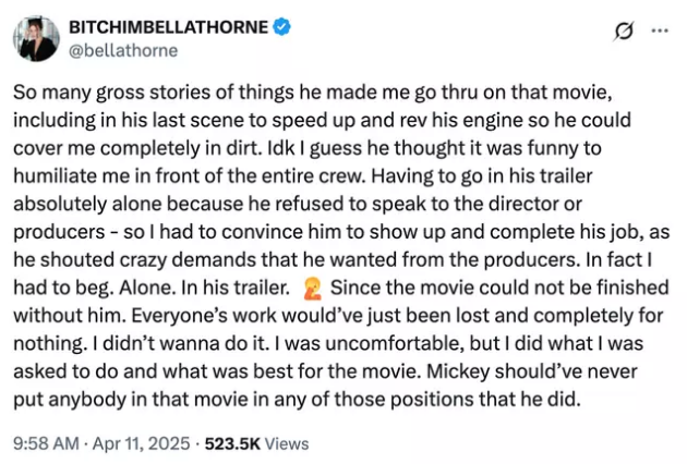 Bella Throne has spoken out on working with Mickey Rourke