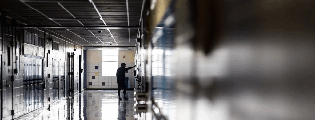 Somber view of an empty school hallway with lockers, showing a solitary figure in the distance, capturing the tense atmosphere that can develop in educational settings during politically charged situations.