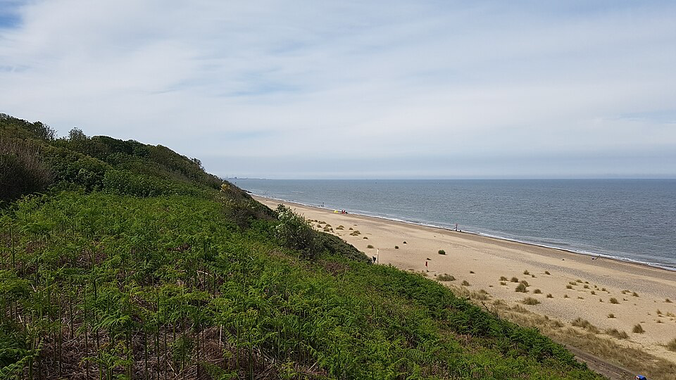 Aerial view of Corton Beach in Suffolk, featuring a stretch of sandy shoreline with scattered vegetation and dunes. The beach, visible from adjacent woodland cliffs, lost its official nudist designation in 2009 but remains at the center of community controversy.