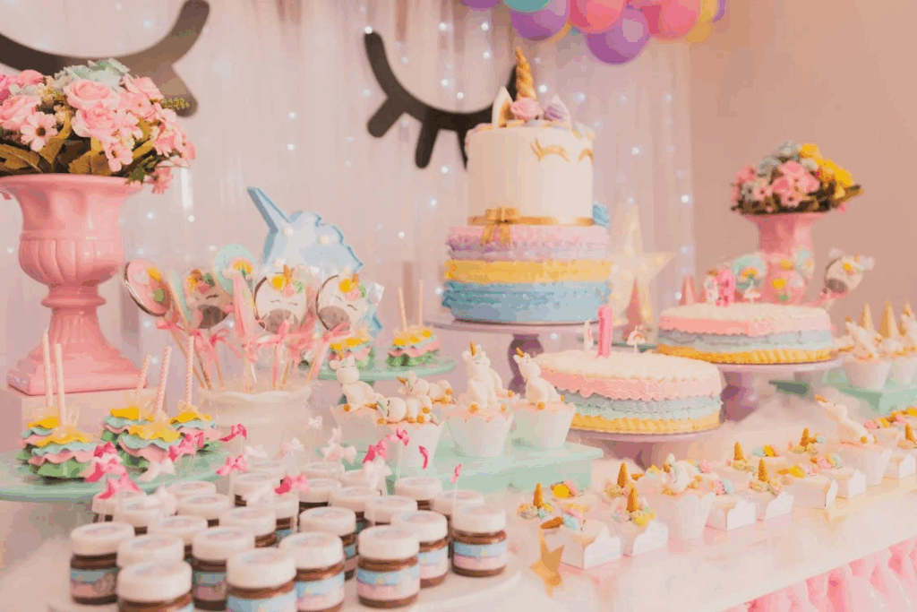 various unicorn themed party treats