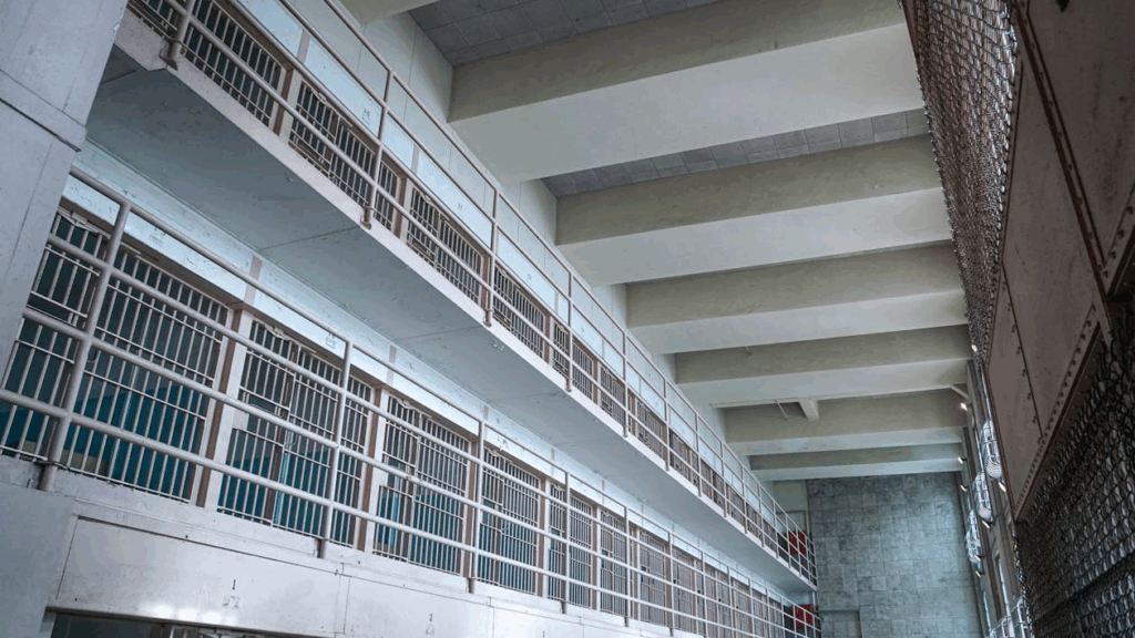 Interior view of a prison cellblock, showing multiple levels of cells with metal bars and railings. The institutional architecture features concrete walls and high ceilings typical of correctional facilities. This stark image represents the serious legal consequences facing parents who allegedly caused their infant's death through alcohol poisoning.