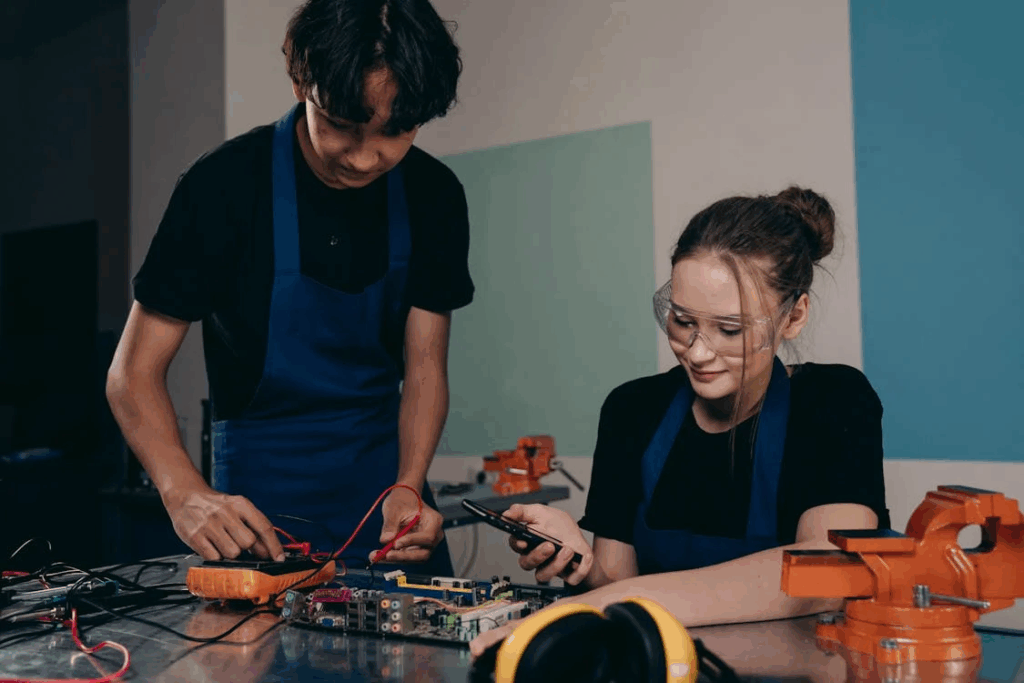 Woman and Man by Table with Electronics