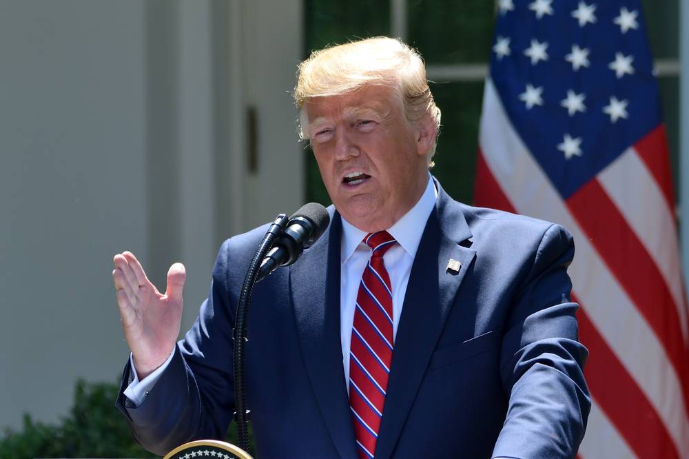 WASHINGTON, DC - JUNE 12, 2019: President Donald Trump addresses reporters questions at a press conference in the Rose Garden of the White House with Polish President Duda.