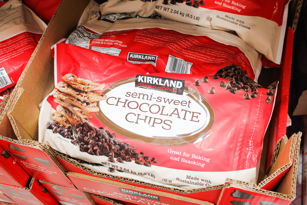 Los Angeles, California, United States - 09-01-2020: A view of several packages of Kirkland Signature semi-sweet chocolate chips, on display at a local Costco.