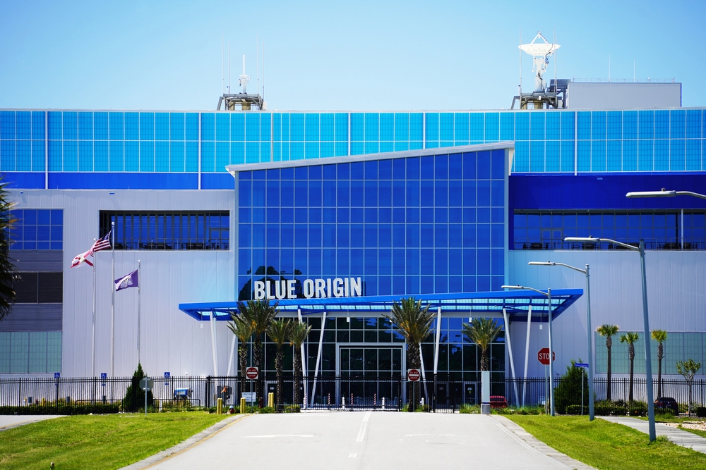 Cape Canaveral, Florida USA - April 10, 2022: Blue Origin launch vehicle production facility. Founded by Amazon's CEO Jeff Bezos.
