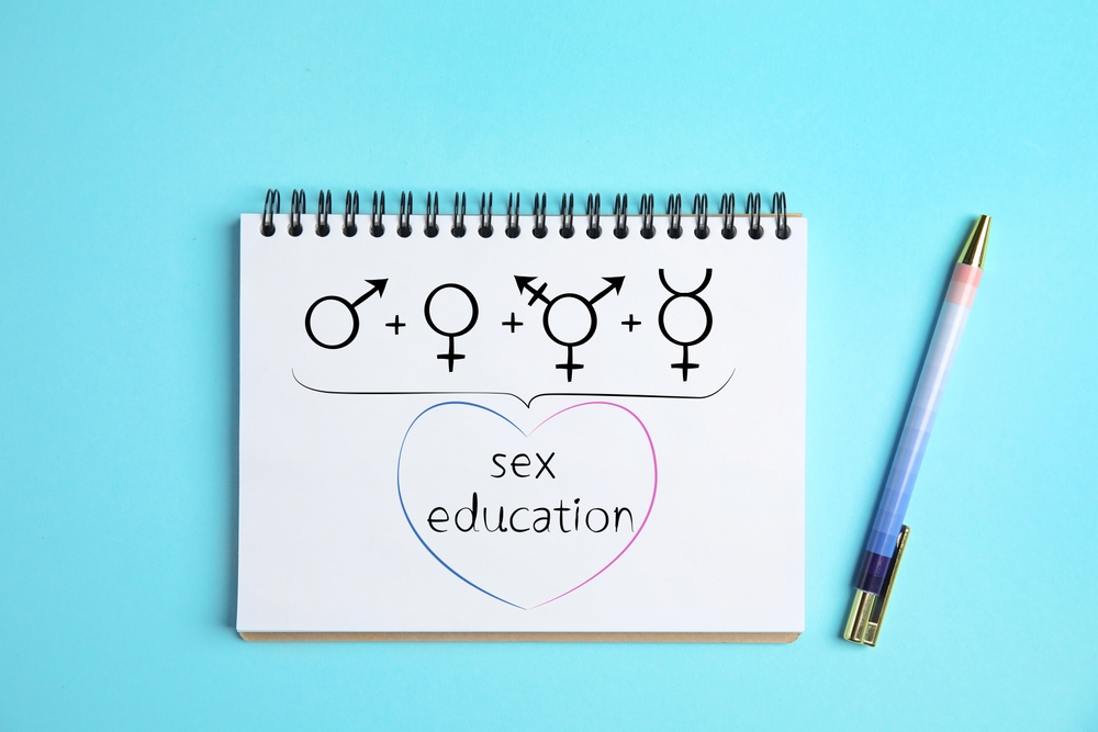 Notebook with text Sex Education, male, female, transgender and gender fluid signs on light blue background, top view